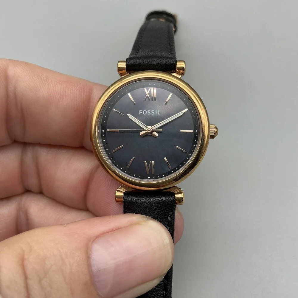 Fossil Carlie Womens Watch 28mm Black Dial Gold Tone Leather ES4700 New Battery